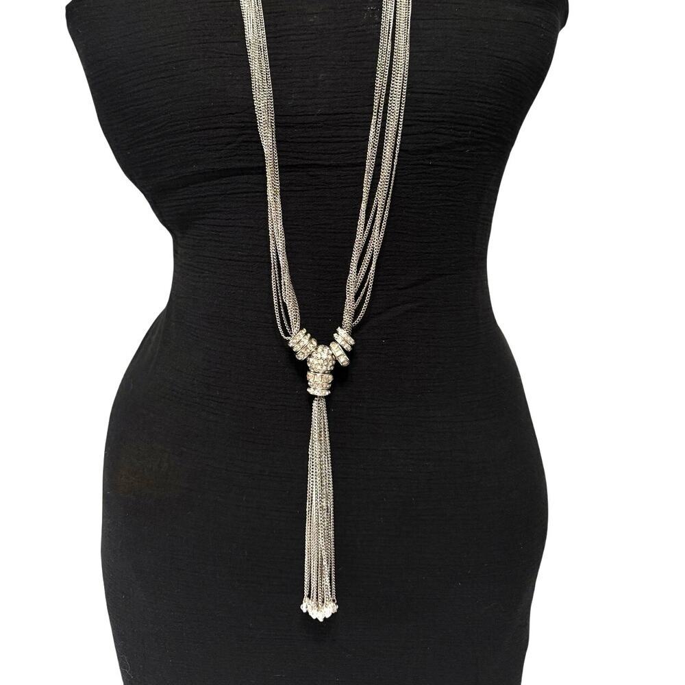 Silver Tone Multi Strand Tassel Necklace Rhinestone Statement 21” Drop